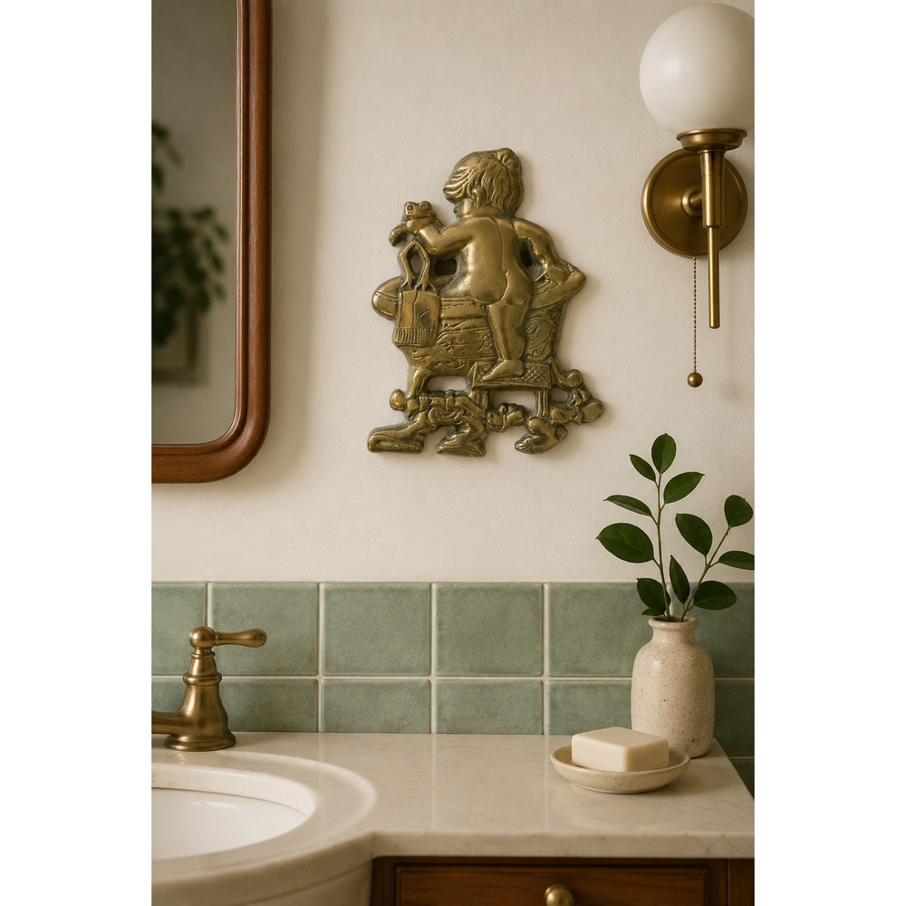 Vintage Brass Child Bath Frog Wall Plaque Nursery Bathroom Decor Mid Century